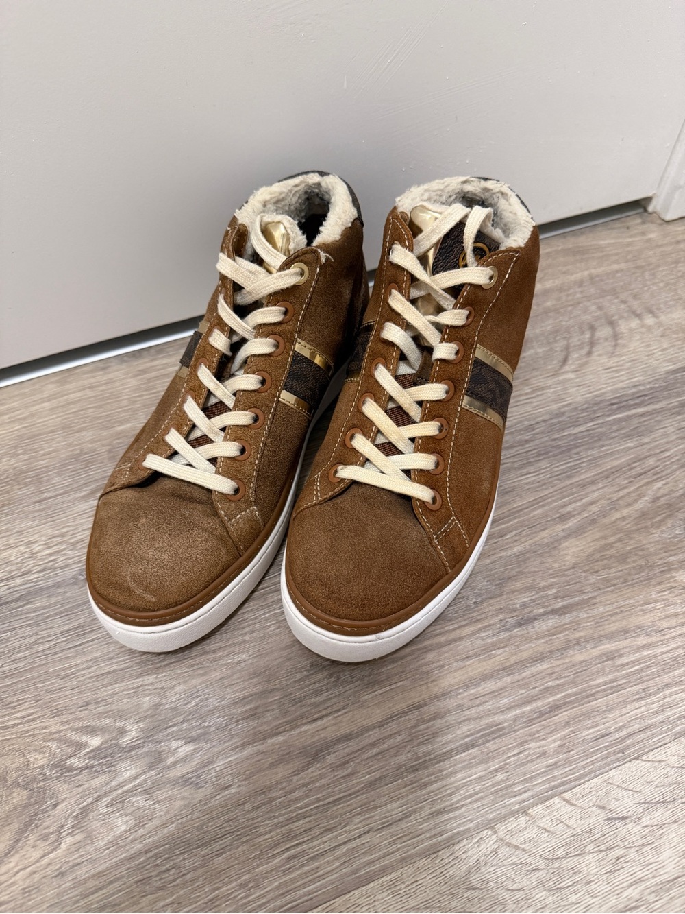 Michael Kors Brown Suede Lace-Up Ankle Boots with Cream Trim